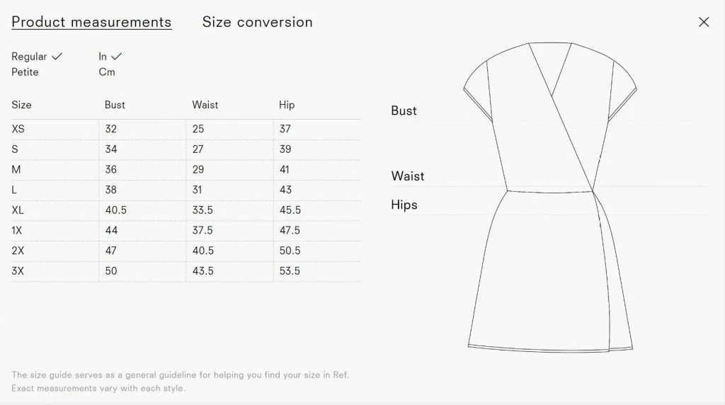 Reformation Lettered Size Chart
