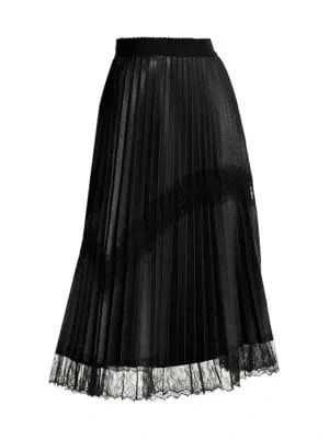 Plus Size Lace Trim Faux-Leather Pleated Midi Skirt